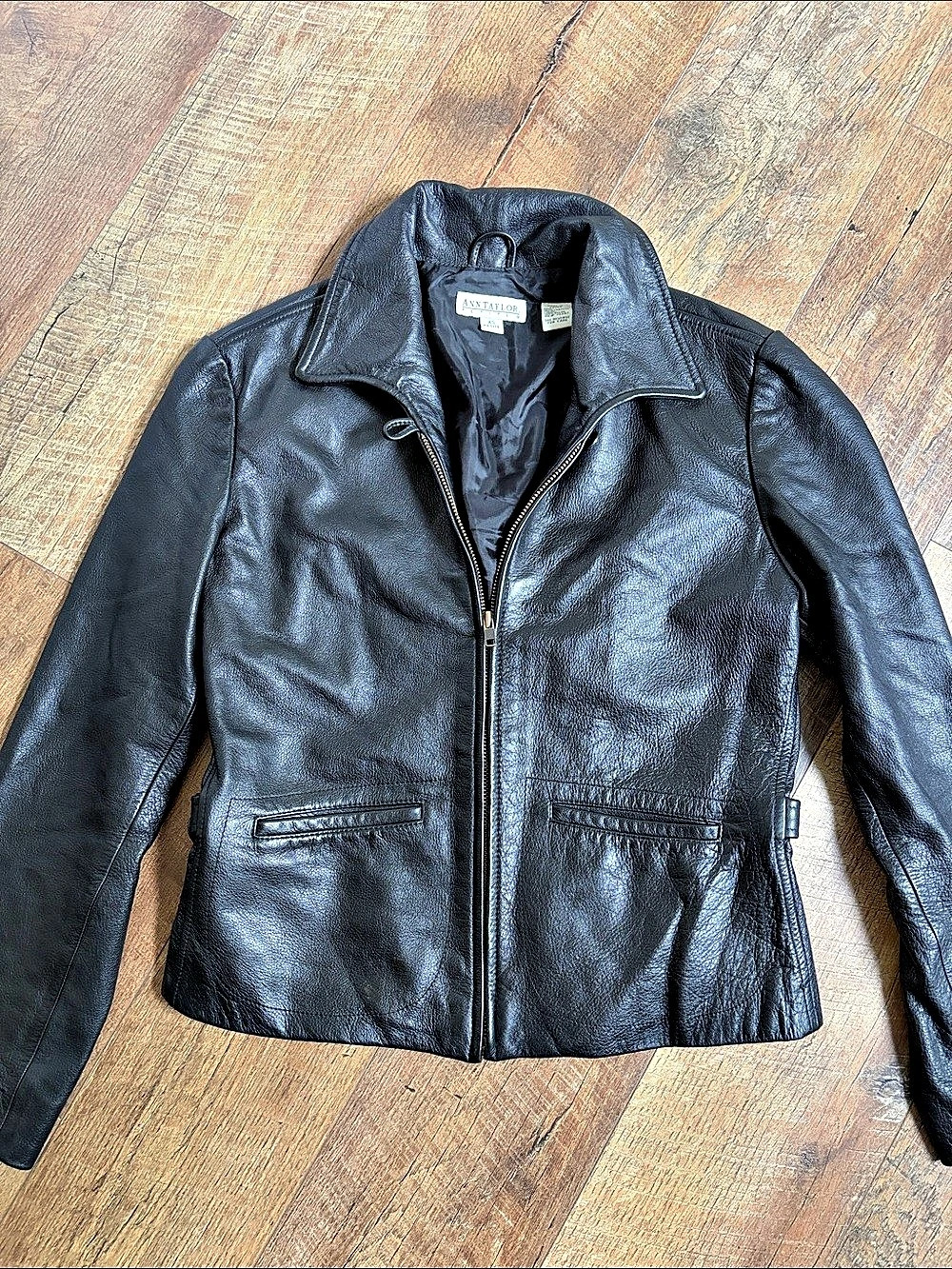 Y2K Vintage Ann Taylor Fitted Leather Moto Jacket Black XS Petite